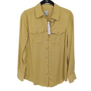 Chico's Satin Blouse Womens Size 2‎ Butter Yellow Long Sleeve Button Down Office